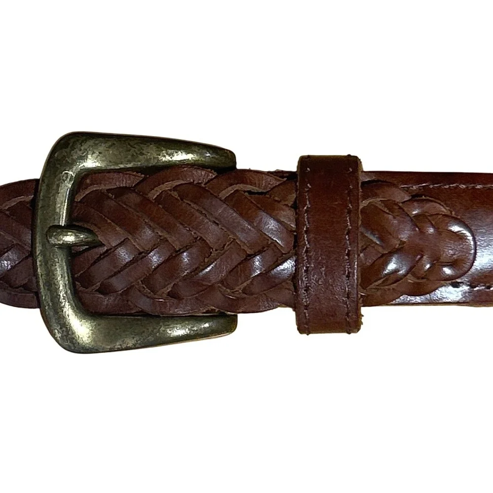 Vintage Brown Braided Genuine‎ Leather Belt Brass Buckle Made in Guatemala ML